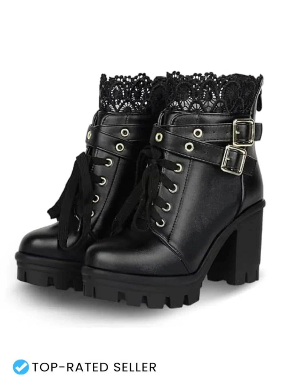 Women's Lace Up Chunky Ankle Boots Gothic Platform with Buckle Strap Faux